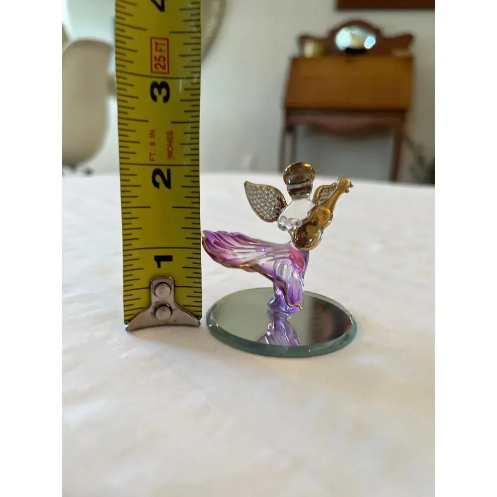 Crystallite Purple Spun Glass Musical Angel‎ Set 22kt Gold Trim Mirror Base Vtg